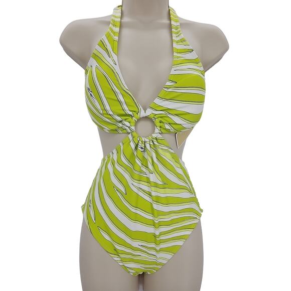 Michael Kors womans size 6 Printed O Ring Cutout One Piece Swimsuit Limeade NEW - Picture 1 of 7